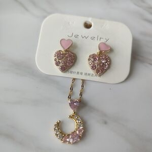 Pink and Gold Heart and Moon Earrings